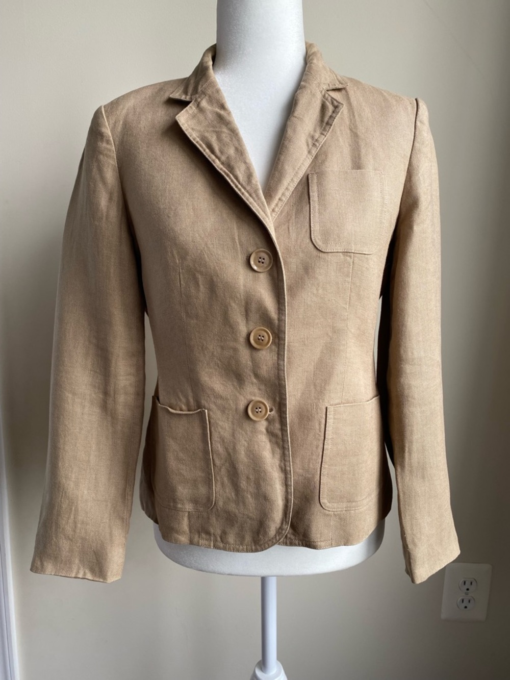 Talbots Irish Linen Blazer Suit Jacket 6 Petite Tan 3 Button 3 Pocket
